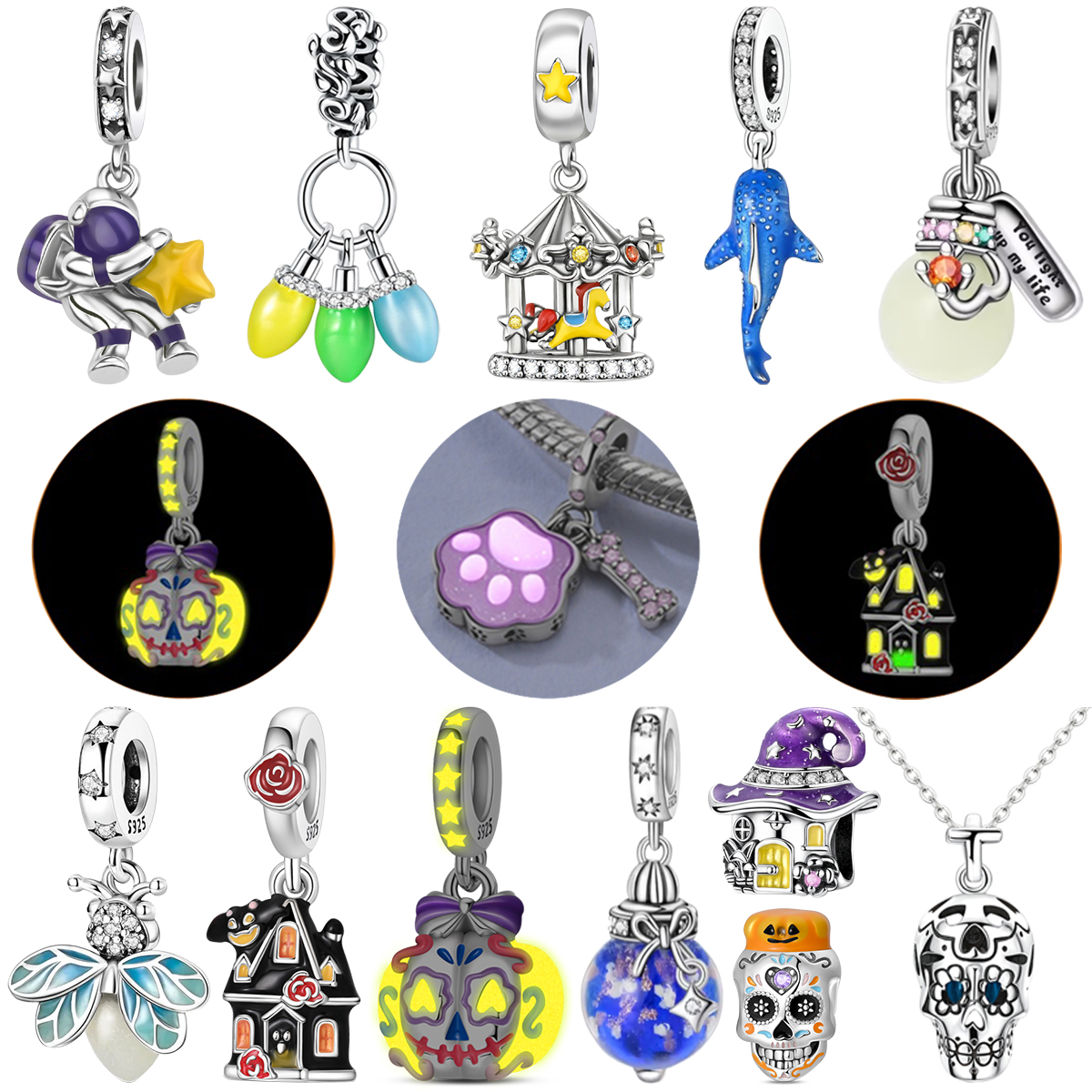 Glow In Dark Stars - 925 Silver Glow Dark Sugar Skull